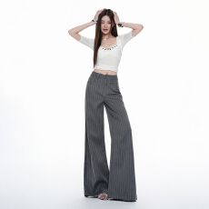 批发2026复古条纹小众设计感宽松阔腿裤松弛垂感老钱风直筒显瘦<b class='q'>西装</b>裤