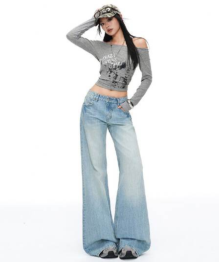 이른 가을 하늘색 청바지 여성 디자인 센스 루즈핏 로우 웨이스트 루즈핏 나팔 바지 다용도 새로운 와이드 레그 팬츠 어린이