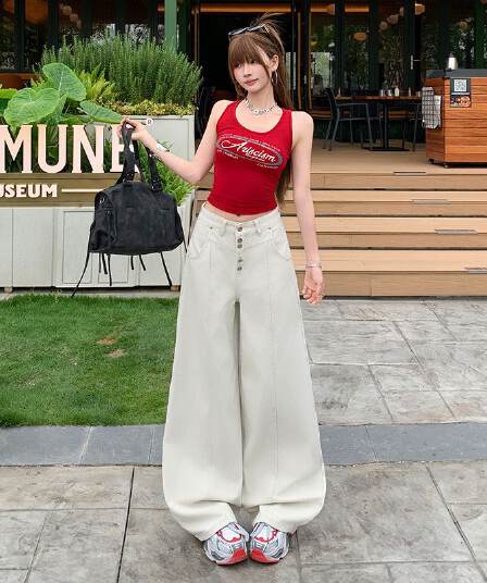 칙칙한 흰색 아메리칸 레트로 싱글 줄 버튼 청바지 여성 새로운 루즈핏 다용도 넓은 다리 길이 바지