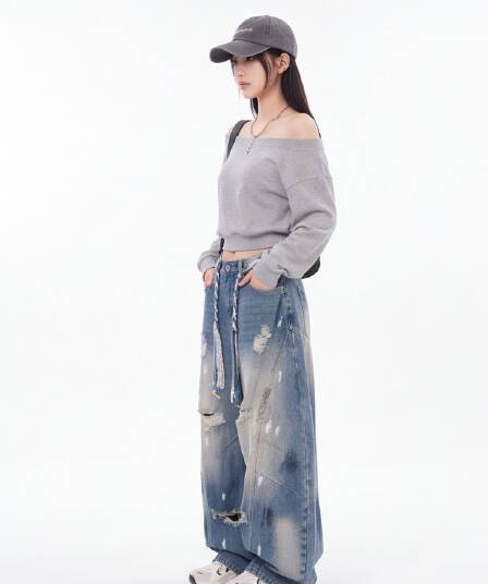아메리칸 레트로 마 오래된 먹물 디자인 모통이 칼 청바지 여성 루즈핏 스트레이트 넓은 다리 캐주얼 바닥 청소 롱 바지