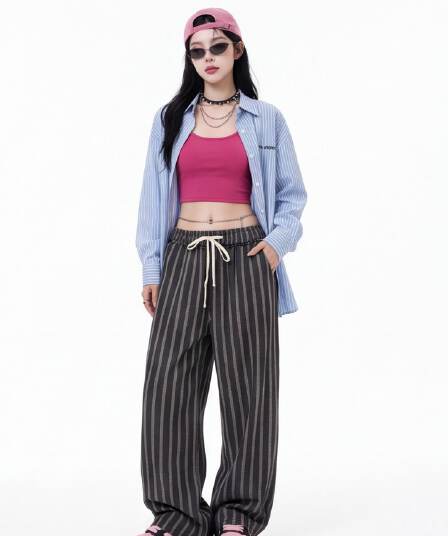 아메리칸 세로 줄무늬 와이드 레깅스 바지 봄 가을 새로운 마 재료 도루 센스 슬림해 보이는 다용도 루즈핏 스트레이트 캐주얼 바지