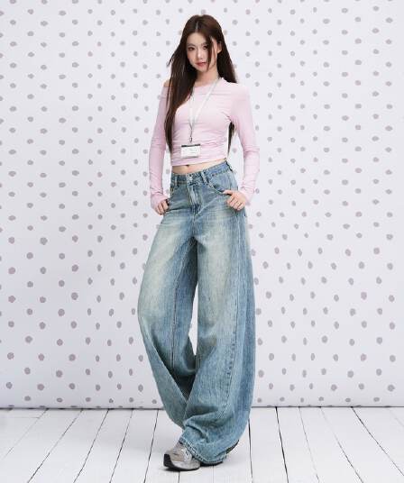 하늘색 리넨 면화 혼방 없음 폭탄 모통이 칼 청바지 여성 2026 년 이른 가을 새로운 루즈핏 캐주얼 바닥 청소 바지