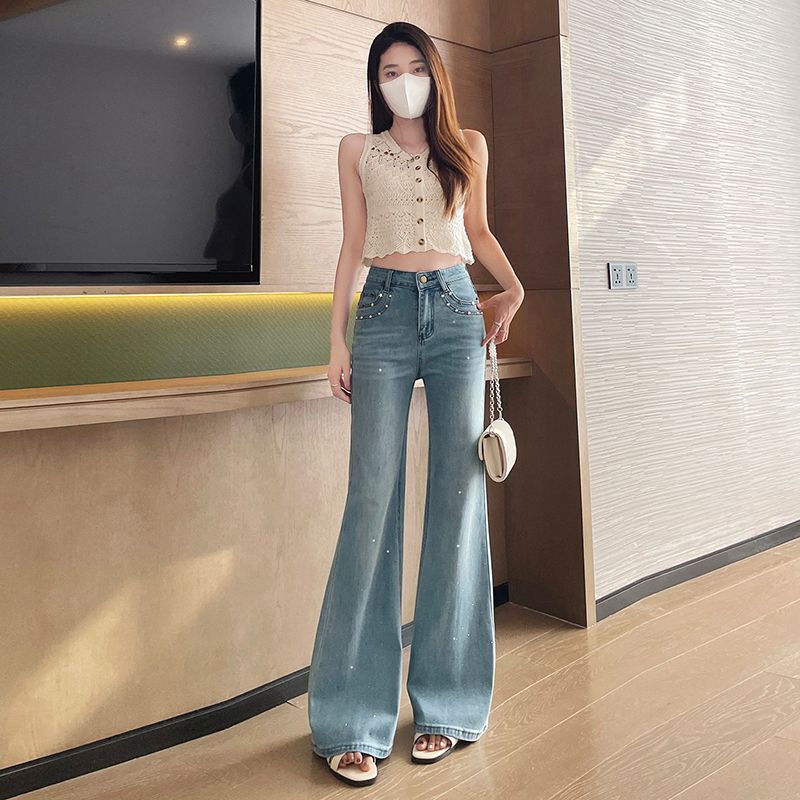 BY30981# 浅蓝烫钻微喇叭牛仔裤女设计感早春法式满钻通勤马蹄裤 服裝批發女裝批發服飾貨源