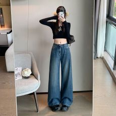 批发美式复古阔腿<b class='q'>牛仔裤</b><b class='q'>女</b>2026秋季新款竹节纹高腰显瘦宽松直筒拖地裤