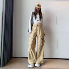 批发美式口袋卡其色构主义立裁2026新款简约复古阔腿工装裤休闲裤<b class='q'>女</b>