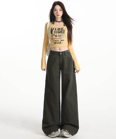 짙은 녹색 데님 넓은 다리 바닥 청소 바지 여성 워크웨어 주머니