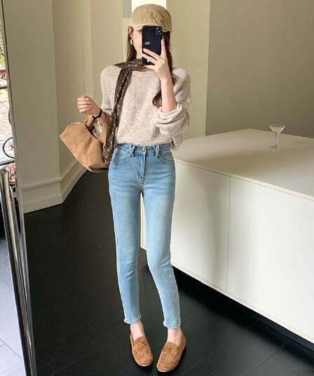 하늘색 데님 작은 발 바지 여성 가죽 카드 거친 가장자리 이후 가방