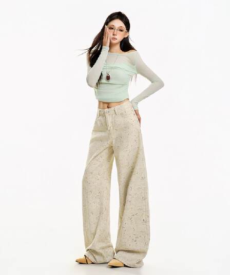 청바지 여성 루즈핏 넓은 다리 레트로 아메리칸 수채화