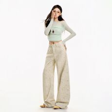 批发牛仔裤女宽松阔腿复古美式手绘