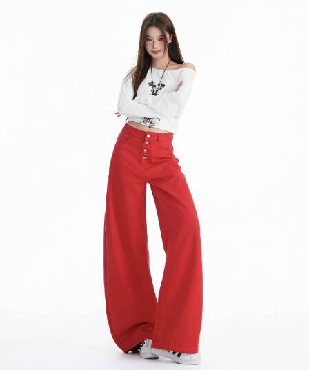 가을 새로운 빨간색 모통이 칼 청바지 여성 버클 디자인 하이웨이스트 루즈핏 슬림해 보이는 바닥 청소 바지