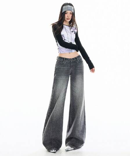 레트로 재기 천년기 회색 무거운 작업 클래식 워싱 블랙 회색 연삭 화이트 로우 웨이스트 넓은 다리 청바지