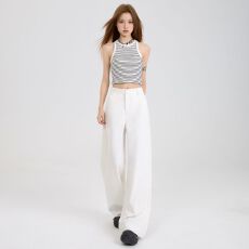 批发秋季滑溜溜美式高街<b class='q'>白色</b>高腰直筒休闲裤女宽松垂感阔腿拖地裤