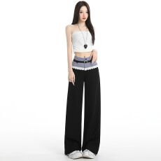 批发秋季新款拼接花边裤子<b class='q'>女</b>ins双腰头假两件西装直筒宽松休闲裤