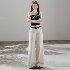 批发秋季新款美式浅色阔腿<b class='q'>牛仔裤</b>女<b class='q'>白色</b>高腰宽松显瘦杏色直筒裤子