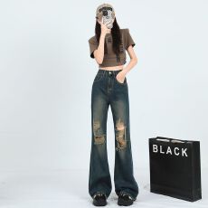 批发美式高街复古<b class='q'>个性</b>感破洞裤高腰阔腿显瘦微喇叭裤<b class='q'>女</b>&长裤加长