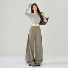 批发2026秋冬新款＆超火美式新色系摩卡灰拼接后袋微型弯刀牛仔<b class='q'>裤</b>
