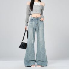 批发清丽原生感｜俏皮小猫｜ 抽绳设计微喇叭阔腿显瘦<b class='q'>牛仔裤</b>女