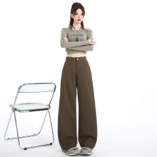 批发2026秋季咖色直筒<b class='q'>牛仔裤</b>宽松后松紧高腰显瘦牛仔拖地裤阔腿裤