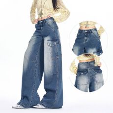 批发高腰工装阔腿<b class='q'>牛仔裤</b>女2026夏季新款宽松显瘦多口袋美式复古弯刀裤