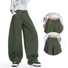 批发军绿色弯刀<b class='q'>牛仔裤</b>女2026秋季新款宽松显瘦遮胯胖MM流行拖地阔腿裤