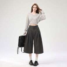 批发深灰美式潮感西装<b class='q'>七分</b>裤女2026夏季新款宽松阔腿休闲中裤子