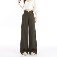 批发绿色<b class='q'>亚麻</b>莱赛尔阔腿牛仔裤女秋季新款小个子高腰宽松垂感直筒显瘦