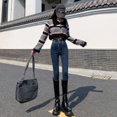 批发爆款加绒高腰牛仔<b class='q'>裤</b>女<b class='q'>提</b><b class='q'>臀</b><b class='q'>裤</b>秋冬加绒九分弹力紧身小脚<b class='q'>裤</b>