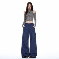 秋款｜美式复古｜多口袋设计｜宽松阔腿工装牛仔裤女
