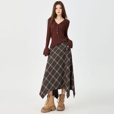 批发秋冬毛呢半身<b class='q'>裙</b>女高腰垂感时尚复古中长款A字不规则格子<b class='q'>伞</b><b class='q'>裙</b>