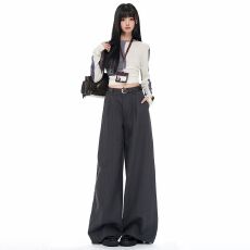 批发秋季新款灰色弯刀阔腿<b class='q'>西装</b>裤女高腰休闲宽松垂感阔腿拖地裤子