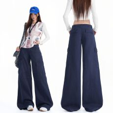 批发宽松工装裤纯棉全竹面料美式复古牛仔裤女新款阔腿休闲牛仔裤