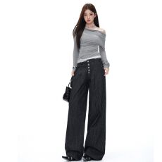 批发五连扣双褶皱A字西裤女美式条纹高级感休闲阔腿长<b class='q'>裤子</b>