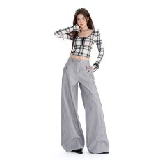 批发复古人字纹老钱风条纹阔腿裤<b class='q'>女</b>秋冬新款高腰通勤直筒休闲<b class='q'>西装</b>裤