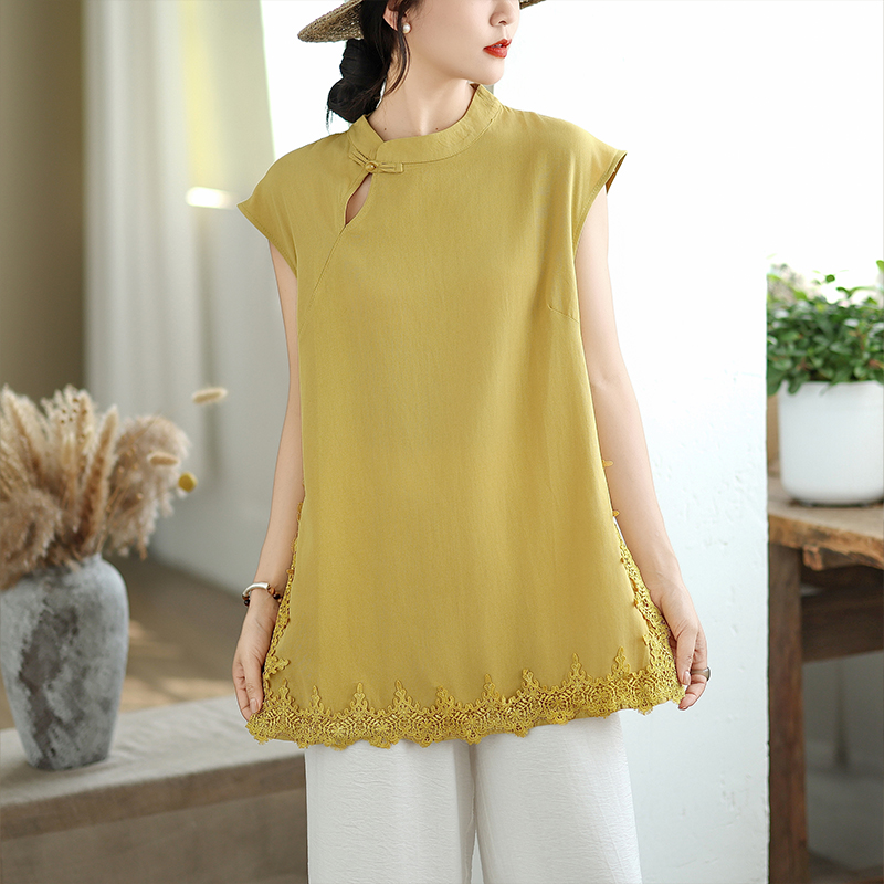 FA33320# 新中式文艺复古无袖棉麻衬衫女夏新款时尚蕾丝刺绣盘扣中长款上衣 服裝批發女裝批發服飾貨源