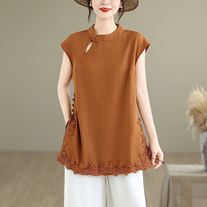 FA33321# 新中式文艺复古无袖棉麻衬衫女夏新款时尚蕾丝刺绣盘扣中长款上衣 服裝批發女裝批發服飾貨源