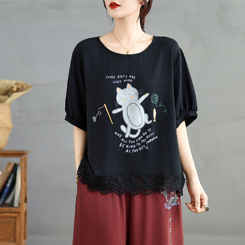 FA33317# 蕾丝拼接镂空印花短袖T恤女夏大码胖mm显瘦宽松遮肚上衣 服裝批發女裝批發服飾貨源