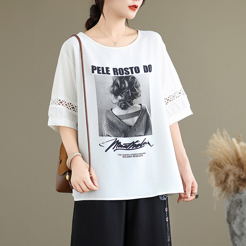 FA33318# 大码女装遮肚子美式印花镂空短袖T恤女夏季胖MM宽松显瘦半袖上衣 服裝批發女裝批發服飾貨源