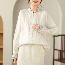 批发新中式国风白色刺绣复古衬衫女2025春季新款禅意盘扣<b class='q'>唐装</b><b class='q'>汉服</b>上衣