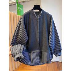 批发独特设计感条纹圆领长袖衬衫<b class='q'>马甲</b>背心宽松假两件上衣女秋新款