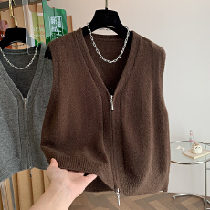 批发高级感拉链纯羊毛针织马甲女款<b class='q'>春</b>秋2025新款外搭坎肩V领毛衣背心