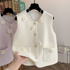 批发撞色立体花朵毛茸茸马甲背心女秋2025宽松减龄单排扣坎肩上衣