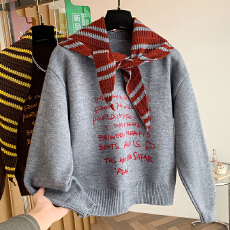 批发宽松款毛衣2025<b class='q'>秋装</b>新款<b class='q'>女装</b>休闲风撞色字母圆领套头短款上衣