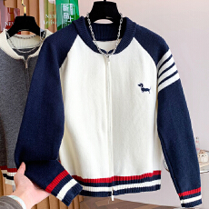 批发韩系秋冬小个子撞色条纹拉链针织开衫叠穿毛衣外套棒球服上衣女春