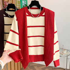 批发韩系撞色条纹披肩针织毛衣两件套女秋冬新款<b class='q'>时尚</b>宽松百搭显瘦上衣