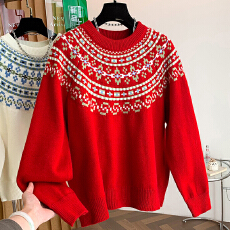 批发费尔岛复古撞色百搭针织衫女秋冬大码<b class='q'>胖</b>妹妹设计感显瘦减龄毛衣潮