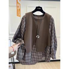 批发春季新款时尚休闲假两件格子拼接<b class='q'>马夹</b>衬衫宽松显瘦上衣女