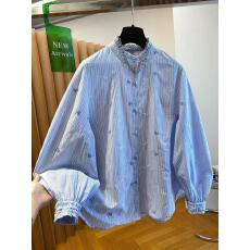 批发轻奢高级感蓝色条纹衬衫女<b class='q'>长袖</b>2026新款宽松刺绣木耳边立领上衣春