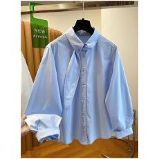 批发高级感独特超好看系带蓝色衬衫女2026新款早春宽松洋气超好看上衣