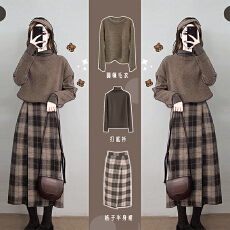 批发秋<b class='q'>冬</b>复古套装裙女2025新款气质减龄毛衣+打底衫+格子半身裙三件套