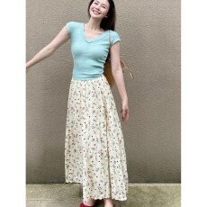 批发2026夏装休闲百搭短袖V领针织衫短袖上衣<b class='q'>碎花</b>长款半身裙套装女